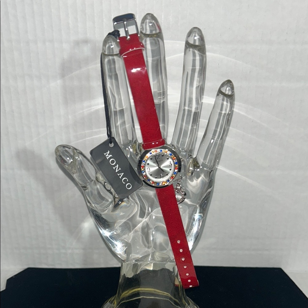 Monaco Red Watch with Rhinestone Silver Accents & Heart Charm NWT